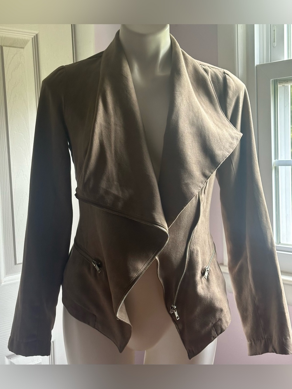 RAMPAGE Brown Tan Moto Faux Suede Asymmetrical Zip Up Pockets SleevesJacket Sz S